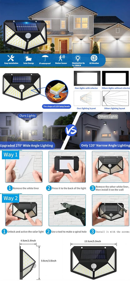 Solar Lights Outdoor, 100LED/3 Modes 270° Lighting Angle Motion Sensor Security IP65 Wall Lights for Backyard Garden Fence Patio